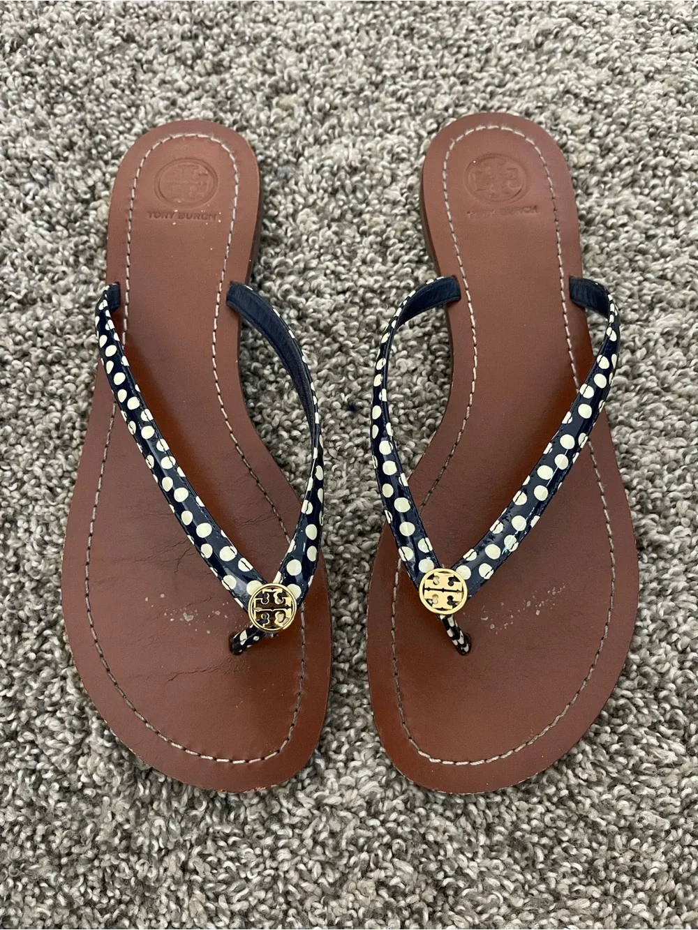 Women’s Tory Burch Terra Nautical Polka Dot Thong Sandals Flip Flops Navy Sz 10